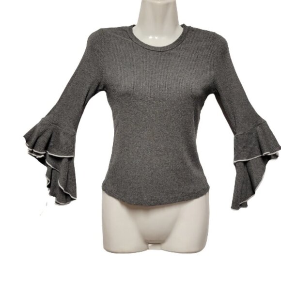 GREY Long Sleeve Top Ruffled Bell Sleeves Top Size XS/S - Picture 1 of 9